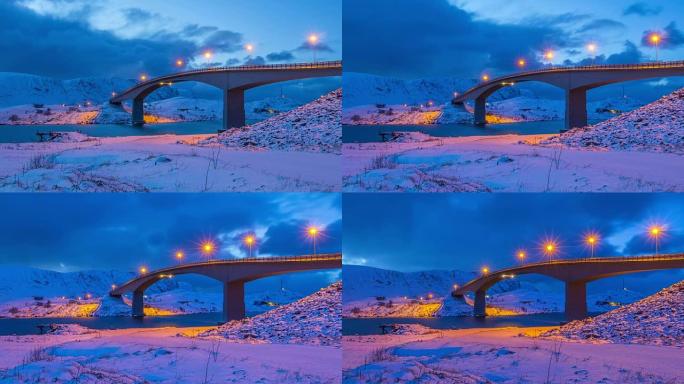罗弗滕的冬晚桥。时间流逝