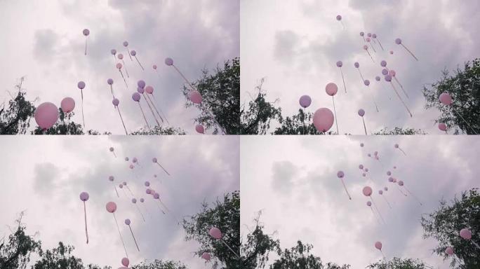 婚礼当天，许多粉红色的紫色气球飞上天空