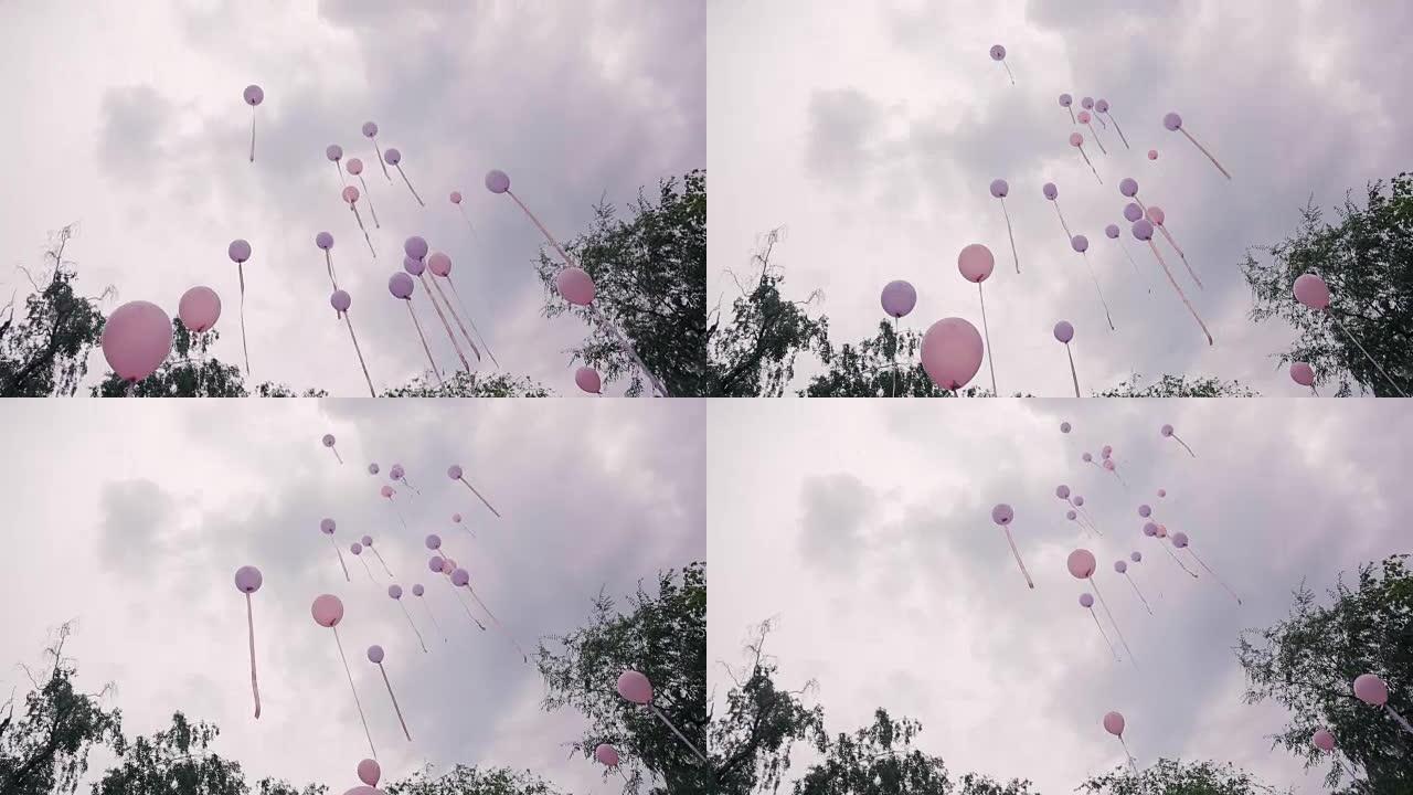 婚礼当天，许多粉红色的紫色气球飞上天空