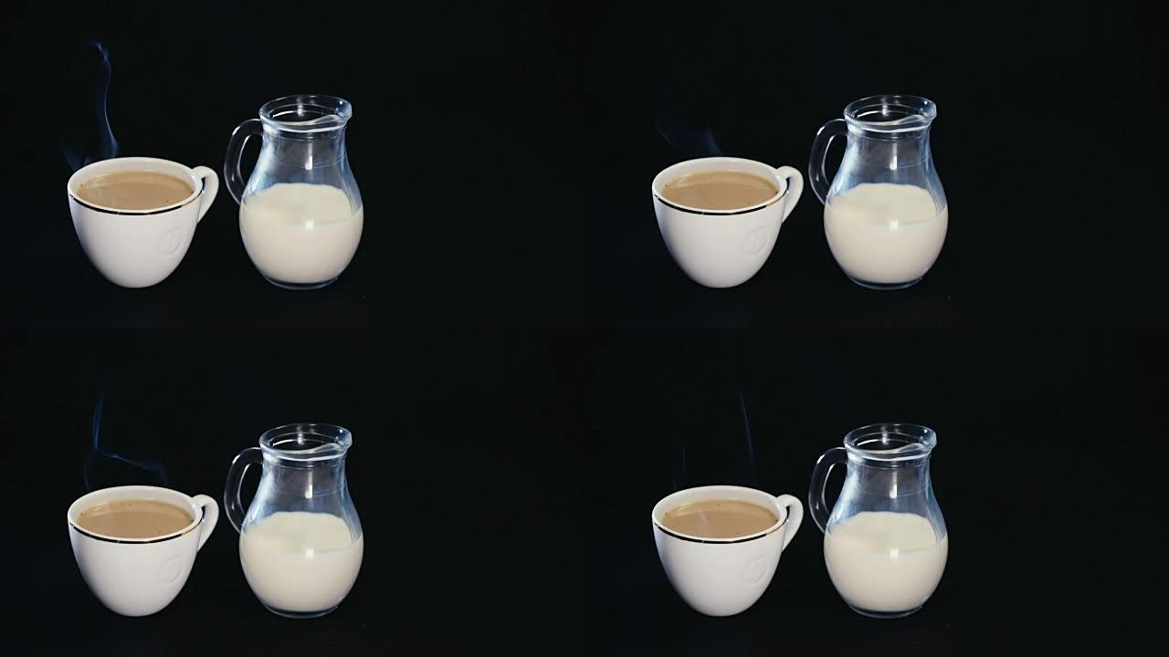 白色杯子里的咖啡黑色背景上的小水罐里的牛奶