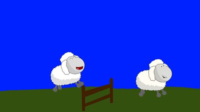数在蓝屏背景上跳过木栅栏的绵羊