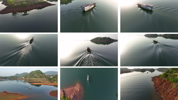 阳光下杭州千岛湖的渔船