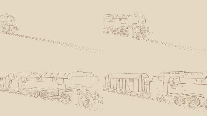 蒸汽火车复古轮廓素描动画
