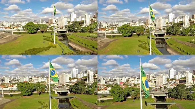 巴西国旗，背景是城市。