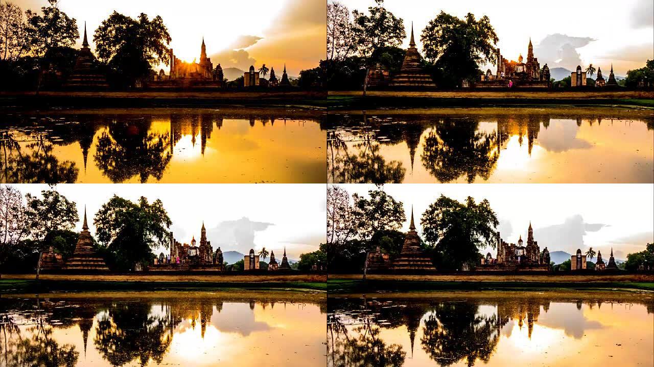 泰国素可泰历史公园的Wat mahahat的延时