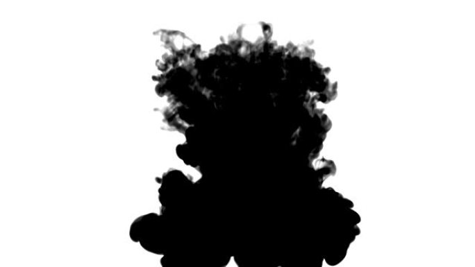 黑色墨水在白色上流动，以慢动作，墨水或烟雾注入。黑色色调在水中喷雾，以产生墨黑或烟熏的背景或墨水效果