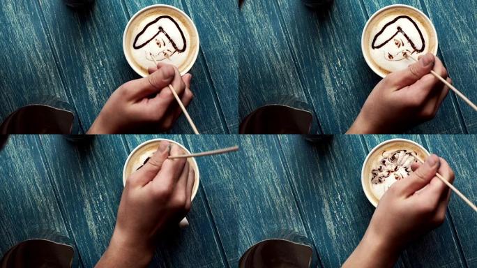 咖啡师画一个女孩的肖像。咖啡师制作艺术拿铁。