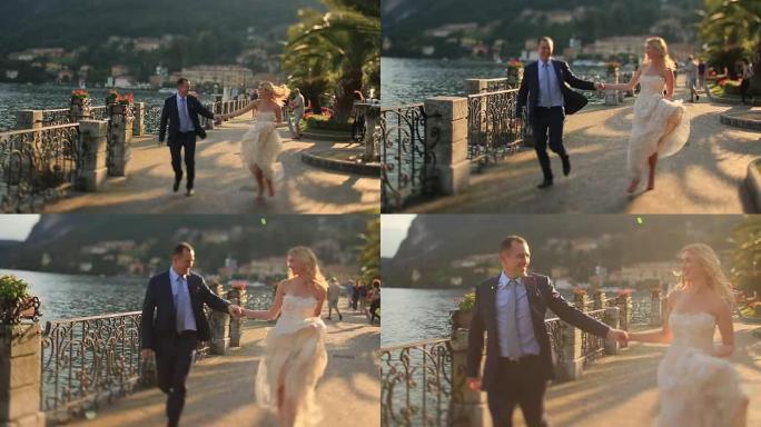 新娘和新郎沿着码头奔跑