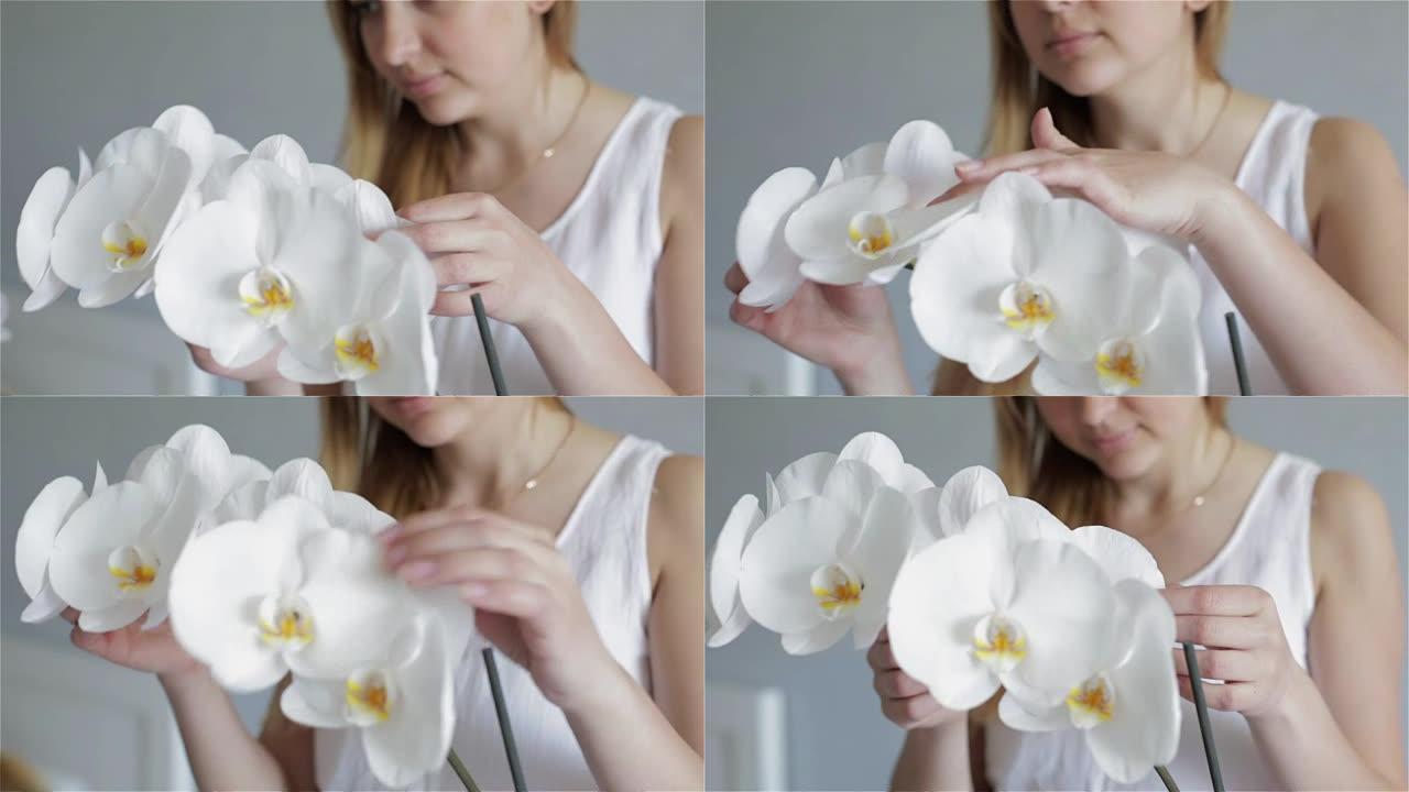 年轻漂亮的女人正在照顾精致的白色兰花。
