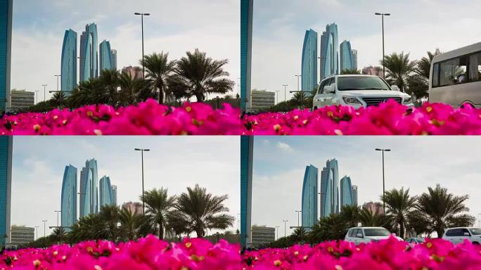 阿布扎比著名交通道路市中心花卉全景4k延时阿联酋