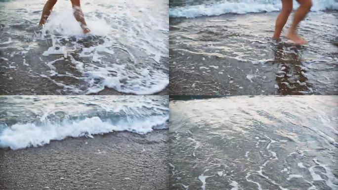 男子晒黑的腿在沙滩上奔跑。男人在海上行走