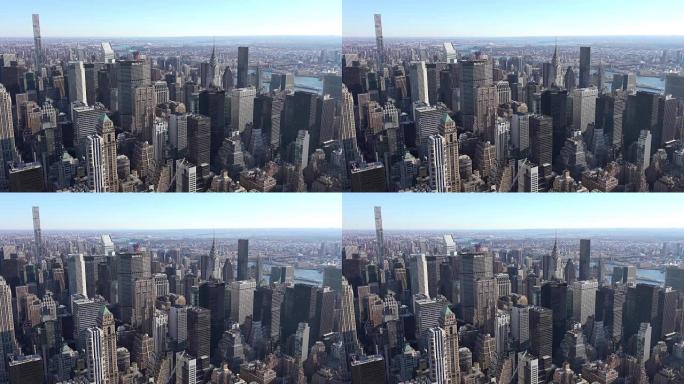 美国纽约市曼哈顿建筑物的全景和鸟瞰图。纽约日落时的天际线鸟瞰图。城市大都市地标风景背景。