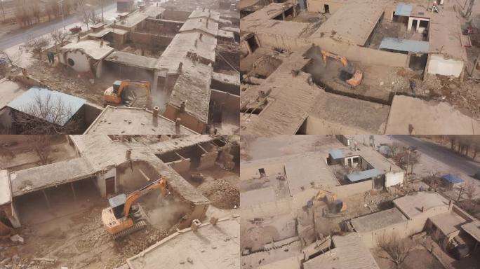 航拍农村挖掘机拆除房屋
