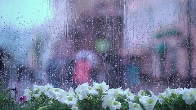 在城市街道的雨天，透过白花的窗户可以看到抽象的美丽背景。窗户玻璃上的雨滴。模糊的波克。自然背景