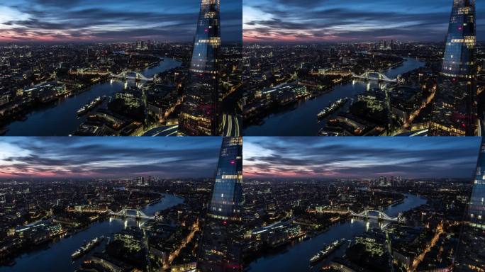 4K航拍-伦敦塔桥泰晤士河夜景
