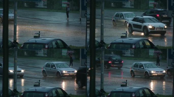汽车在雨中开着灯行驶