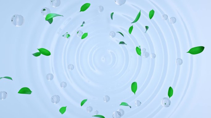 水波纹上的绿色树叶和水珠气泡三维动画