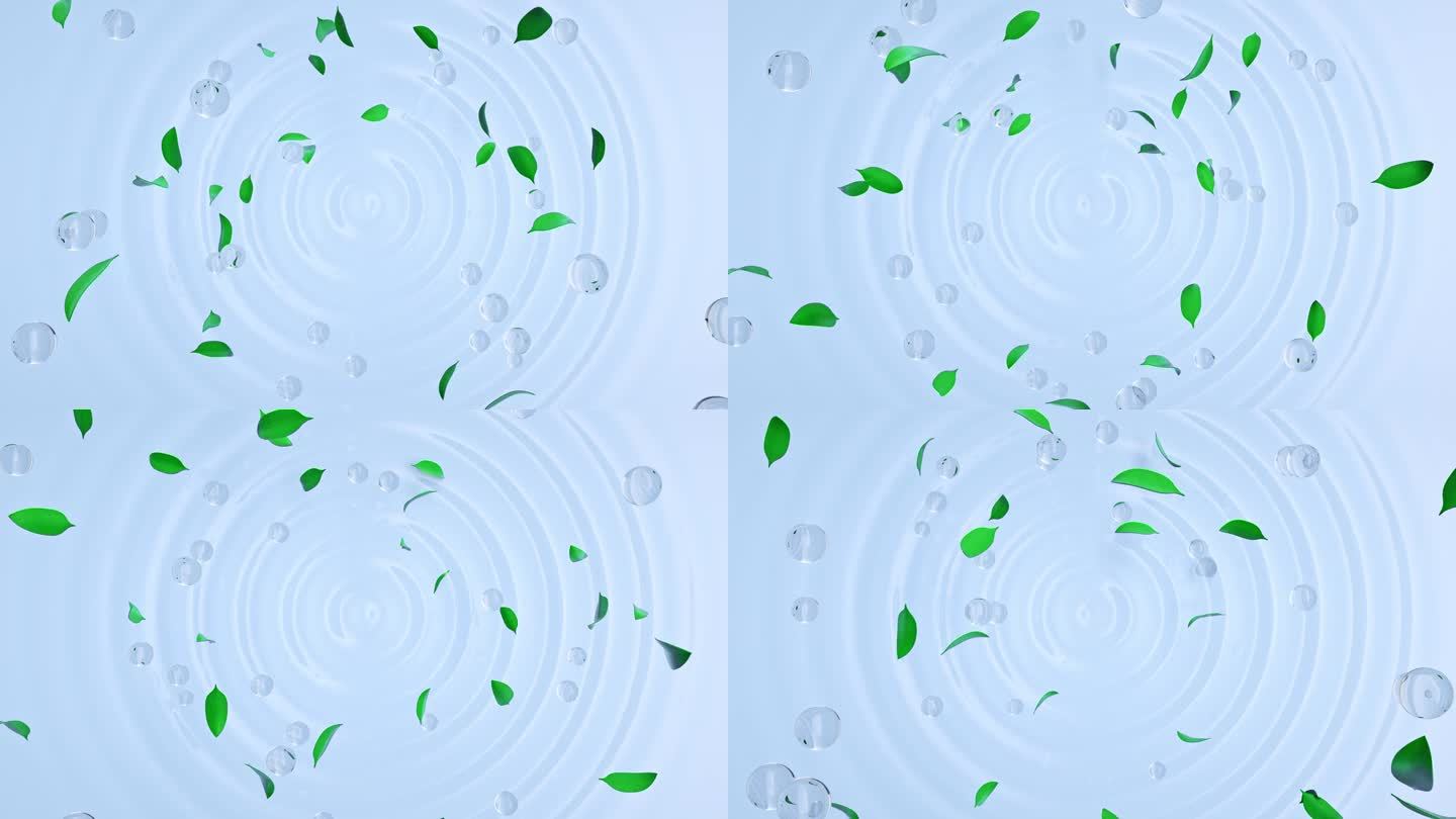 水波纹上的绿色树叶和水珠气泡三维动画