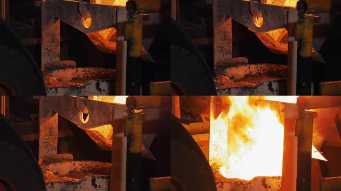 冶金厂高炉的碗中倒入红热金属，特写镜头