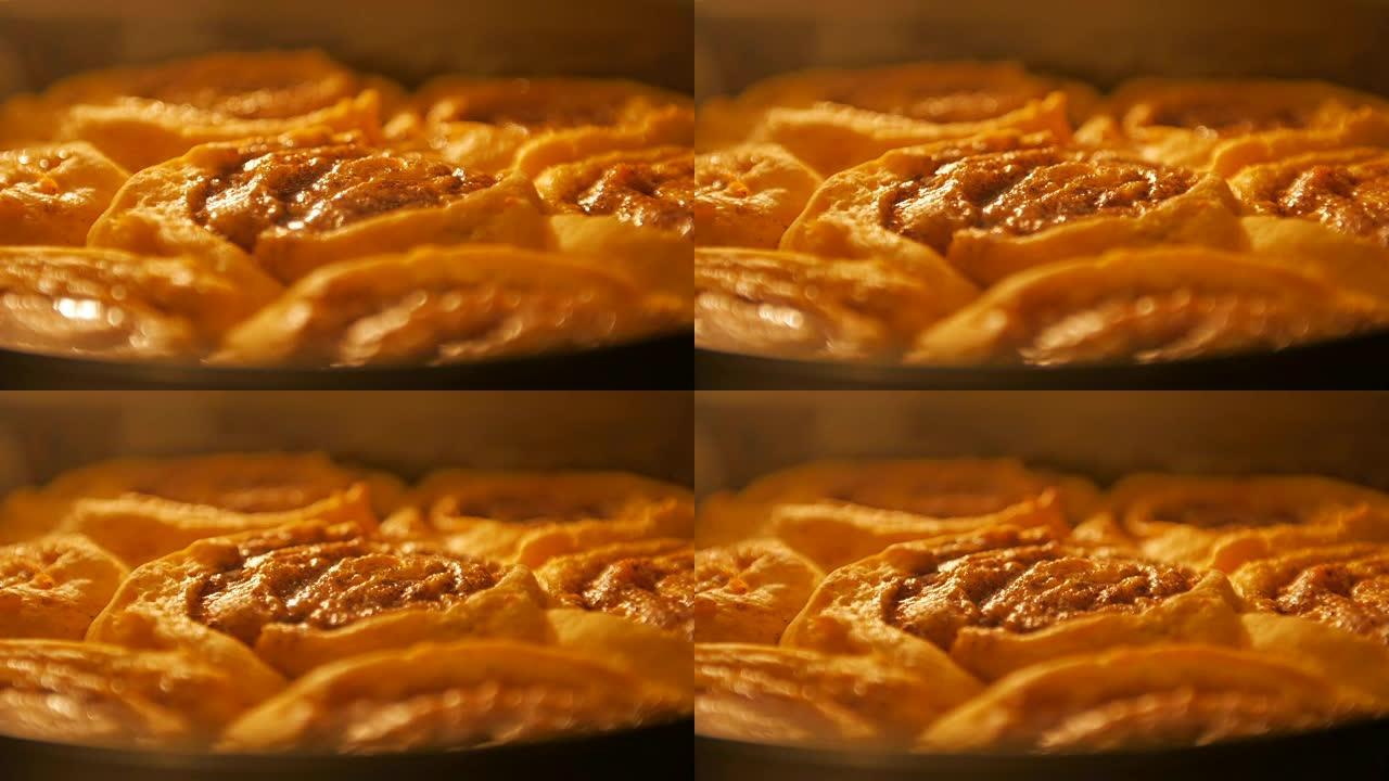 Cinnabon烘烤，定时拍摄的选择性聚焦镜头