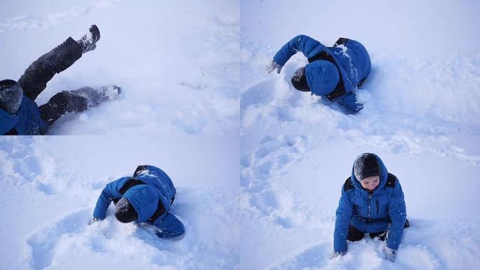 孩子在雪地里翻过高跟鞋