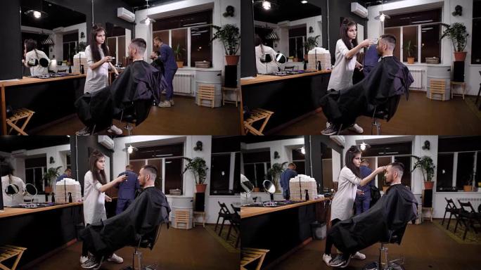 一位年轻的女性发型师为来访者理发店用修剪器修剪刘海，美容院的客户希望得到一个新发型