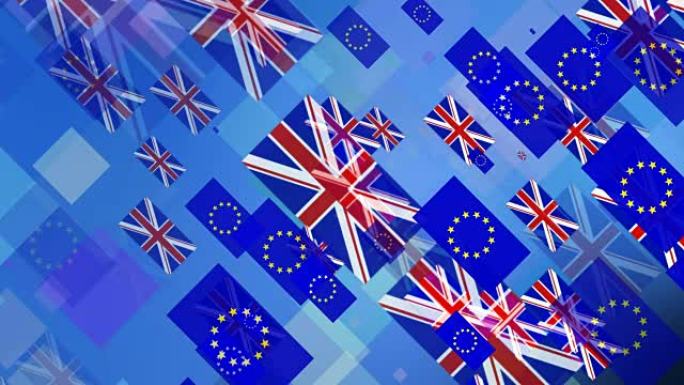挥舞着英国和欧盟的旗帜。英国旗和欧盟旗动画背景。UHD 4 k。