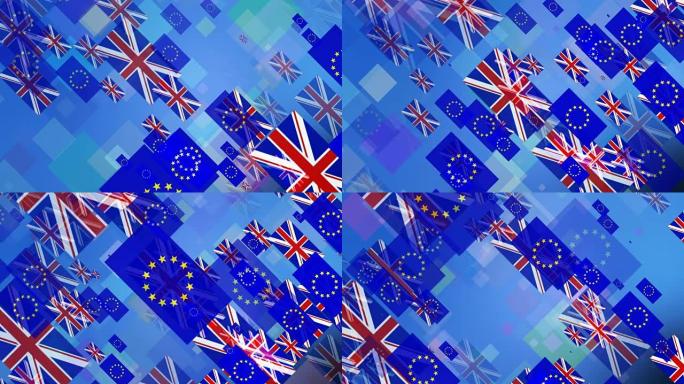挥舞着英国和欧盟的旗帜。英国旗和欧盟旗动画背景。UHD 4 k。