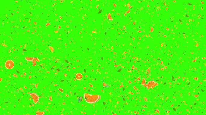 水果橙片带叶子动画飞上绿屏色度关键背景，饮食和营养概念