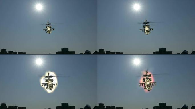 直升机飞越城市，背后爆炸