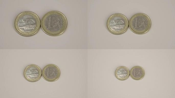 两枚1欧元芬兰硬币在桌子上