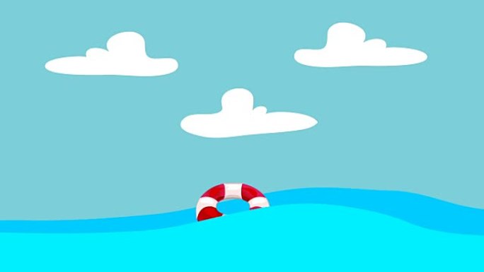 蓝色天空背景下漂浮在海中的卡通救生圈