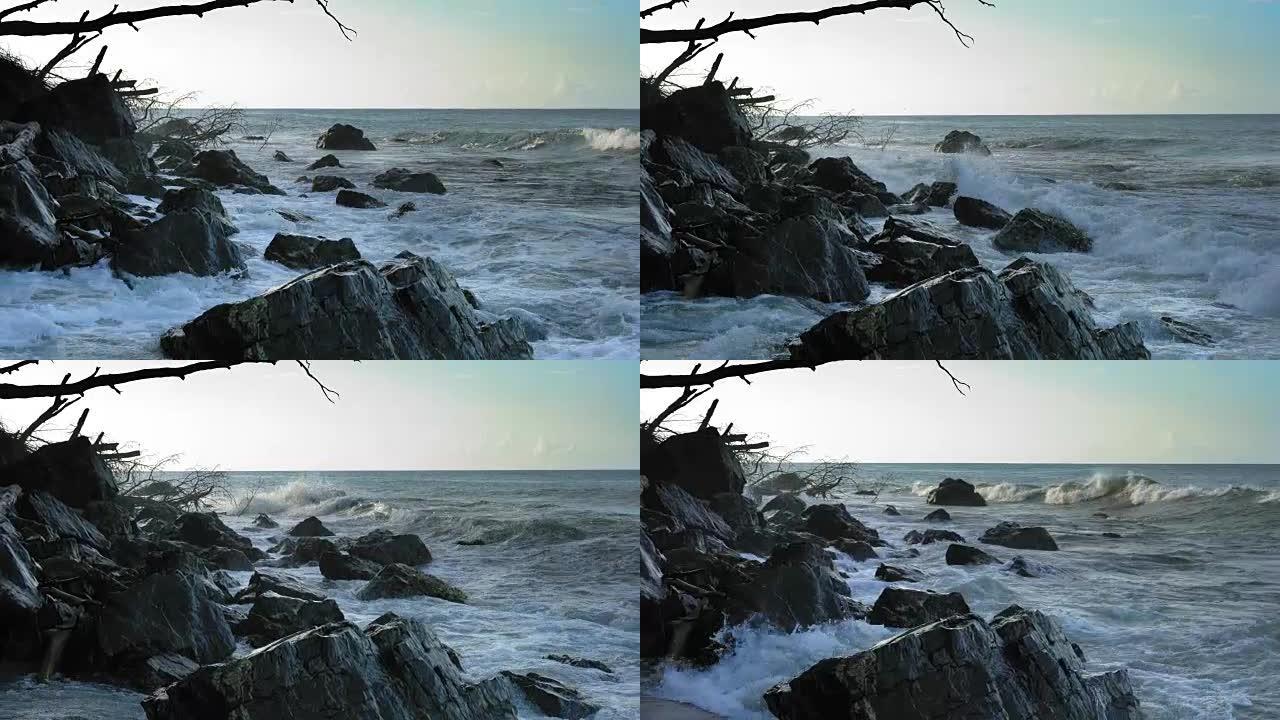 特立尼达和多巴哥海岸的海浪冲破岩石