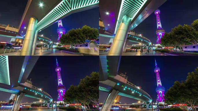 中国夜光城市街道步行著名塔全景4k延时