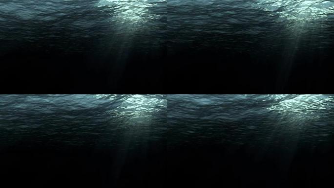 来自水下背景的深暗海浪的无缝循环数字动画，光线闪耀