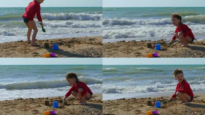 小男孩在沙滩上玩耍，吹牛