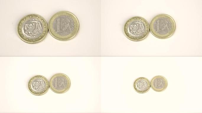 两枚1希腊欧元硬币在桌子上