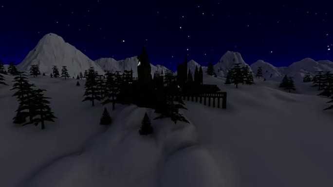 夜晚的霍格华兹城堡，雪山
