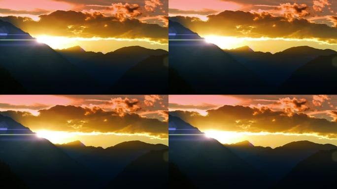 美丽的山地剪影镜头耀斑，黄金时刻阳光景观，夕阳