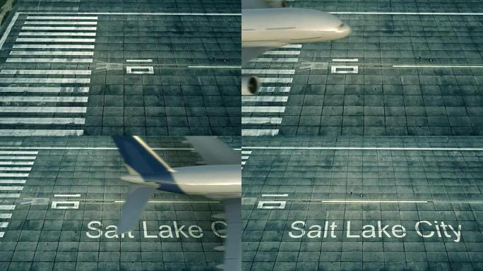 到达盐湖城机场的大型飞机的鸟瞰图。赴美旅行概念性介绍动画