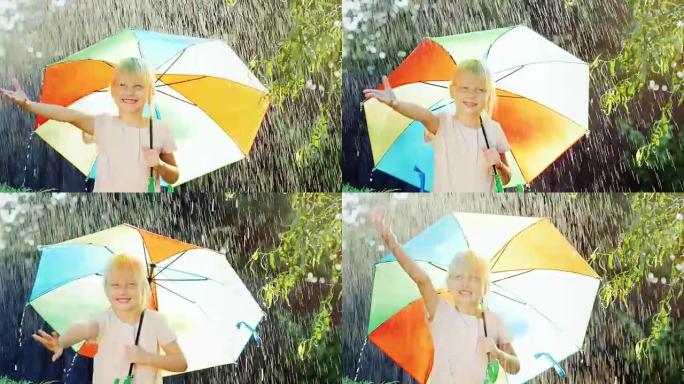 开朗的金发女孩享受着五年的雨。躲在五颜六色的雨伞下