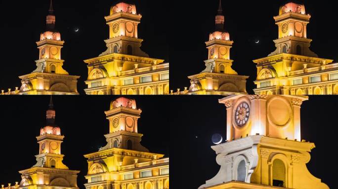 4K哈尔滨教堂月亮月牙金星伴月延时摄影