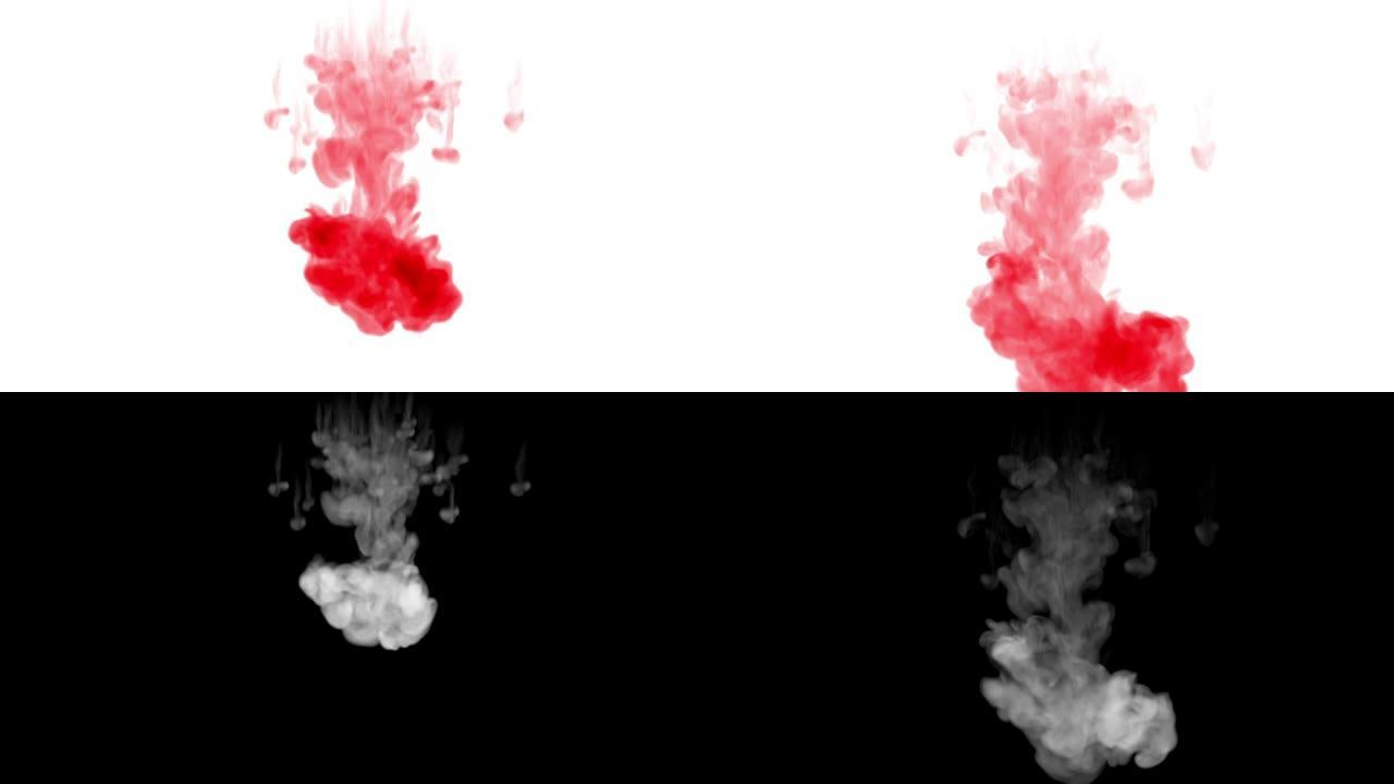 液体中的一滴墨水。红色颜料在水中卷曲，以慢动作移动。用于漆黑的背景或带有烟雾或墨水效果的背景，阿尔法