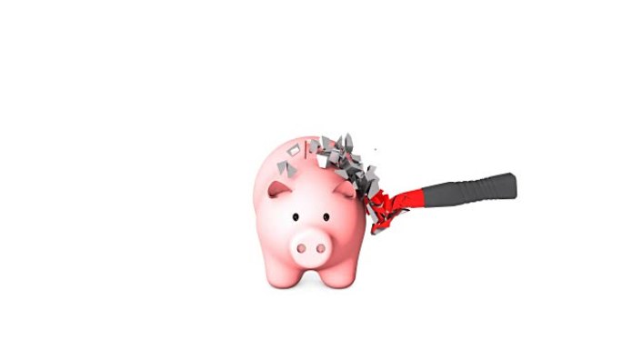 3d动画: 商业概念强可靠牢不可破的安全银行: 锤子试图用钱砸小猪，正在崩溃。猪在微笑。白色背景上的