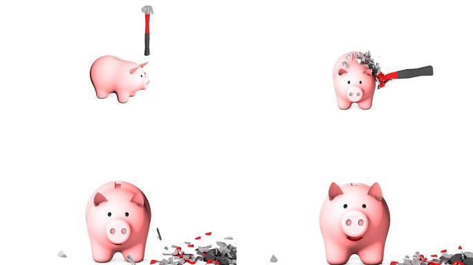 3d动画: 商业概念强可靠牢不可破的安全银行: 锤子试图用钱砸小猪，正在崩溃。猪在微笑。白色背景上的