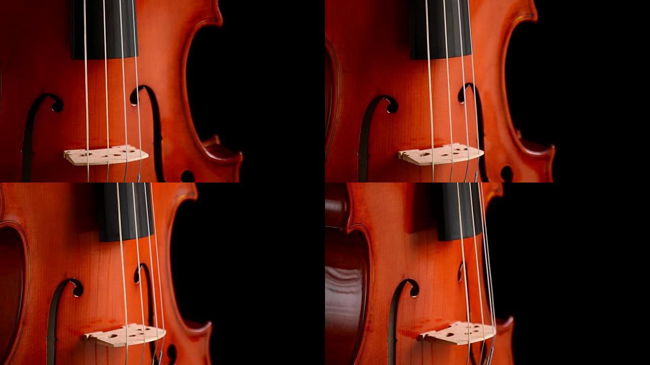 黑色背景下的小提琴或中提琴旋转