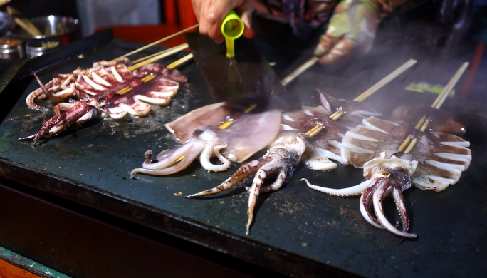 4k街边美食铁板鱿鱼 夜市烤鱿鱼