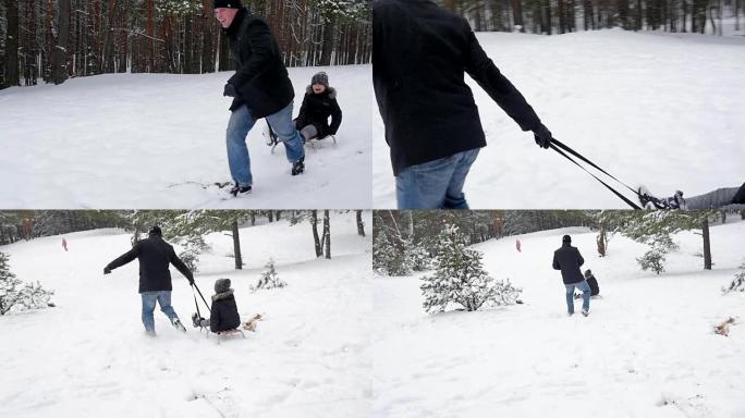 父亲，正拉着他女儿的雪橇。96fps
