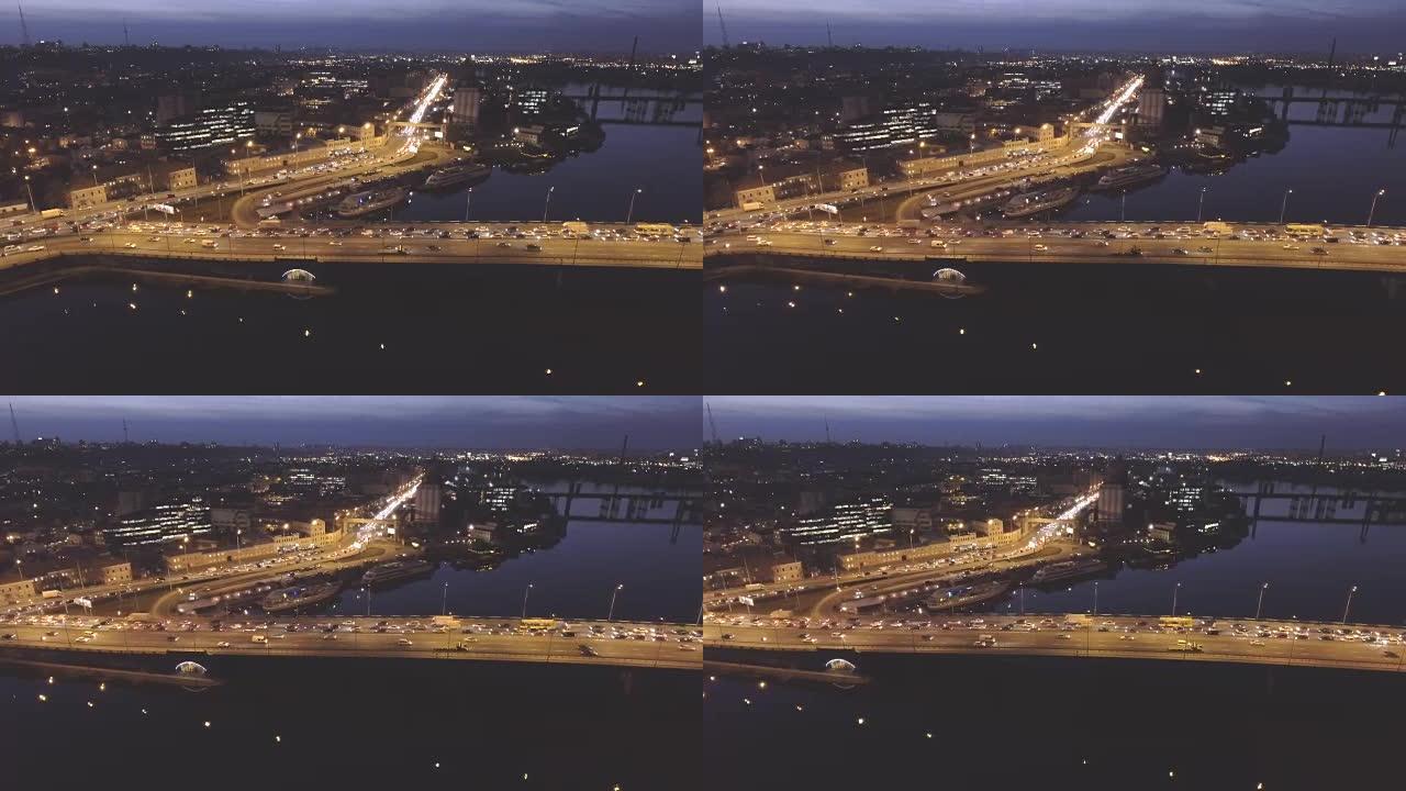 乌克兰基辅夜城鸟瞰图，有汽车交通。