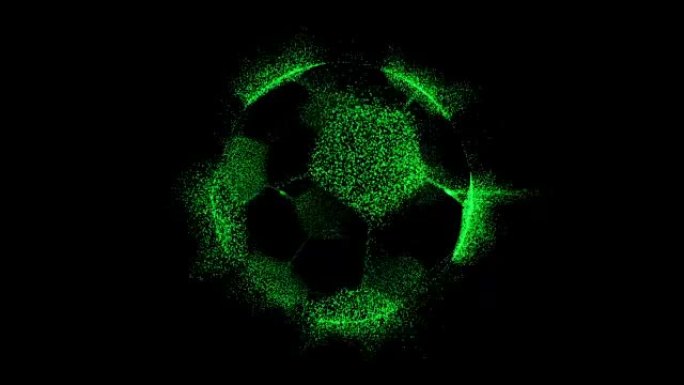 明亮的绿色足球 (足球) 球由在黑色背景上旋转的小颗粒组成
